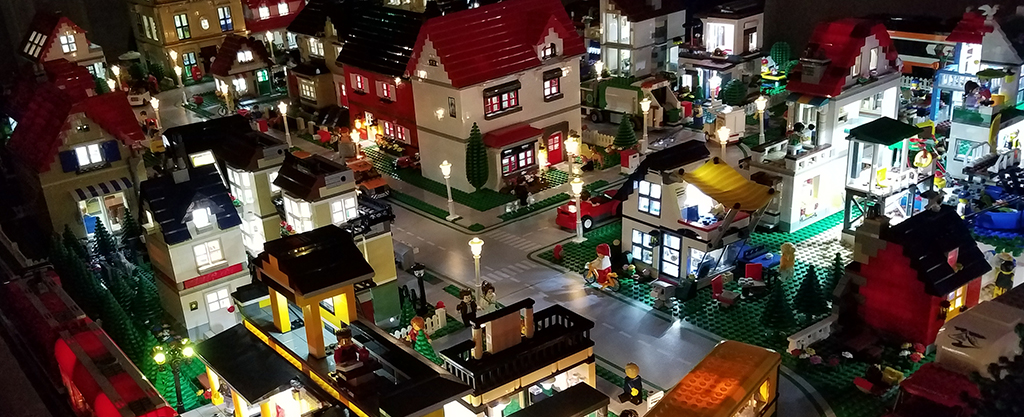 Small portion of downtown LEGO® city with LED lights